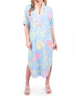 Emily McCarthy Blue and Green Midi Dress with Tropical Print